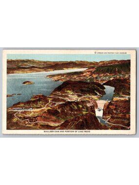 Hoover Boulder Dam NV Lake Mead Aerial View Linen Postcard Union Pacific RR